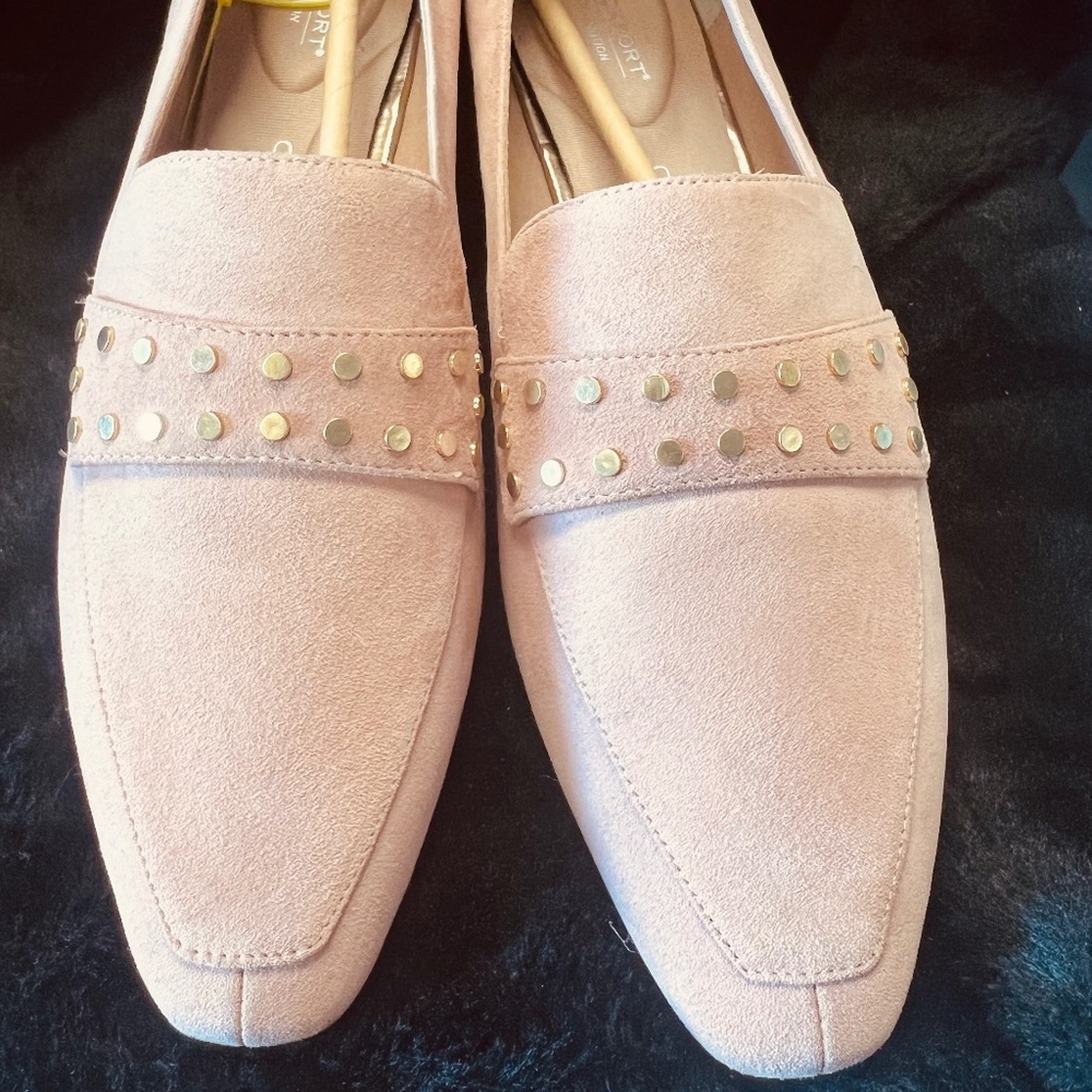 Rockport Woman's TruTech Loafer Shoes Pink Suede Gold Detail Slip Ons 9.5 US